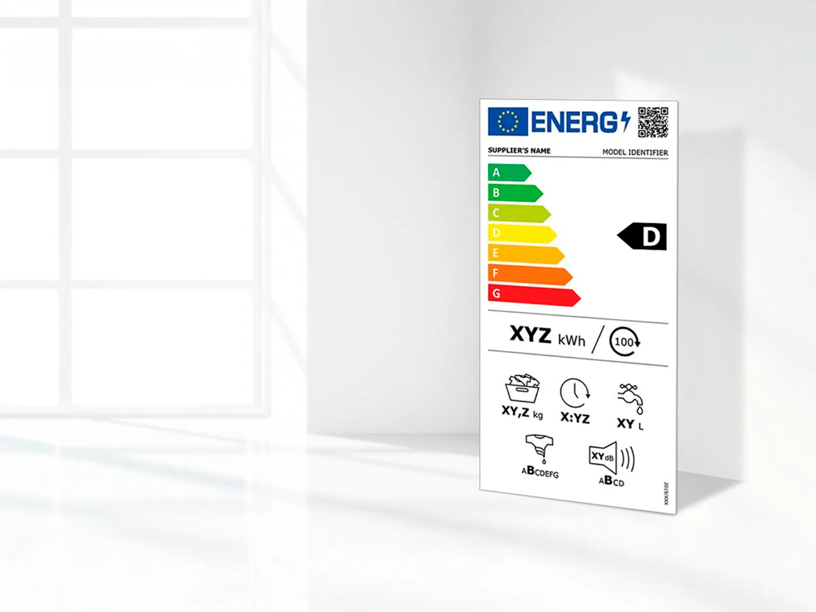 An EU energy label with an A rating displayed in a bright interior.