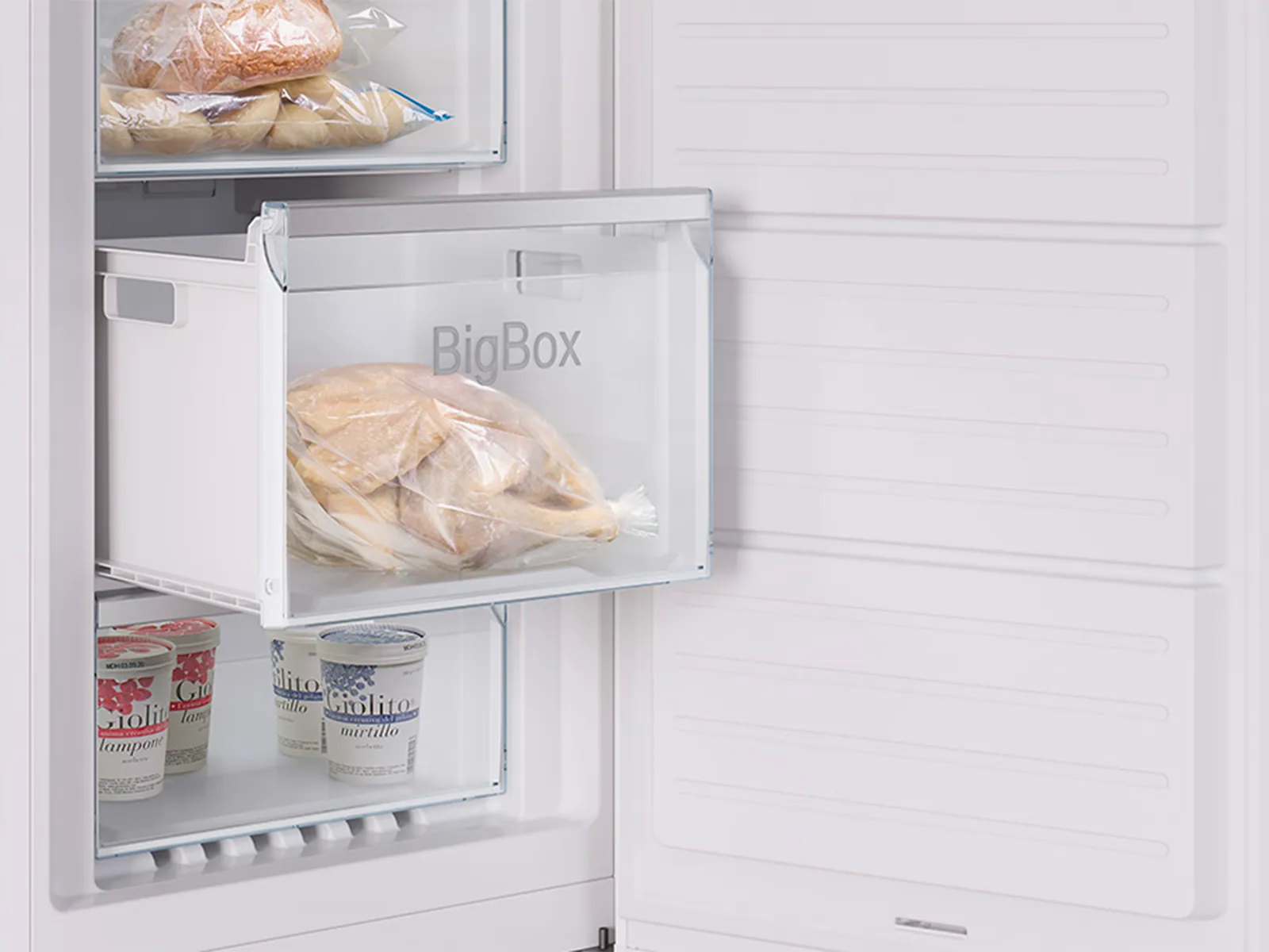 Open appliance with large drawers for plenty of storage space.