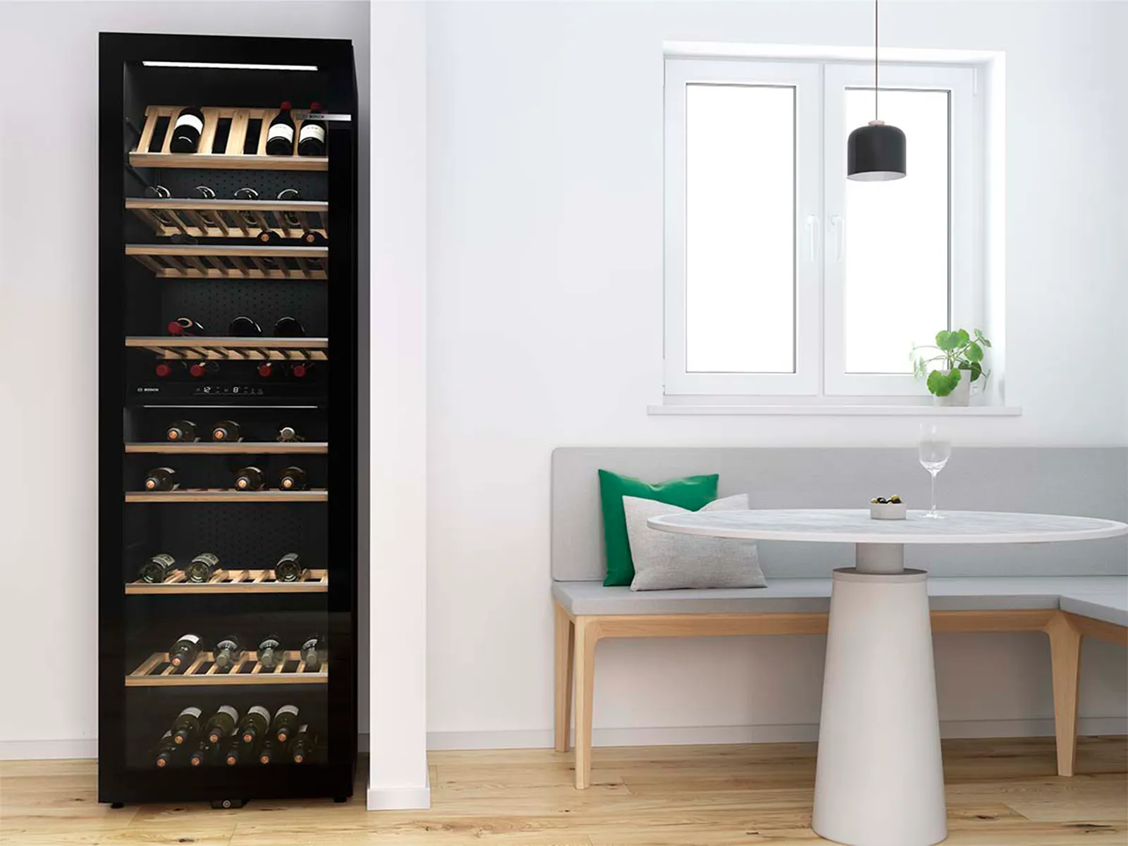 Large freestanding wine cabinet with several wine bottles on wooden racks next to a modern kitchen nook.