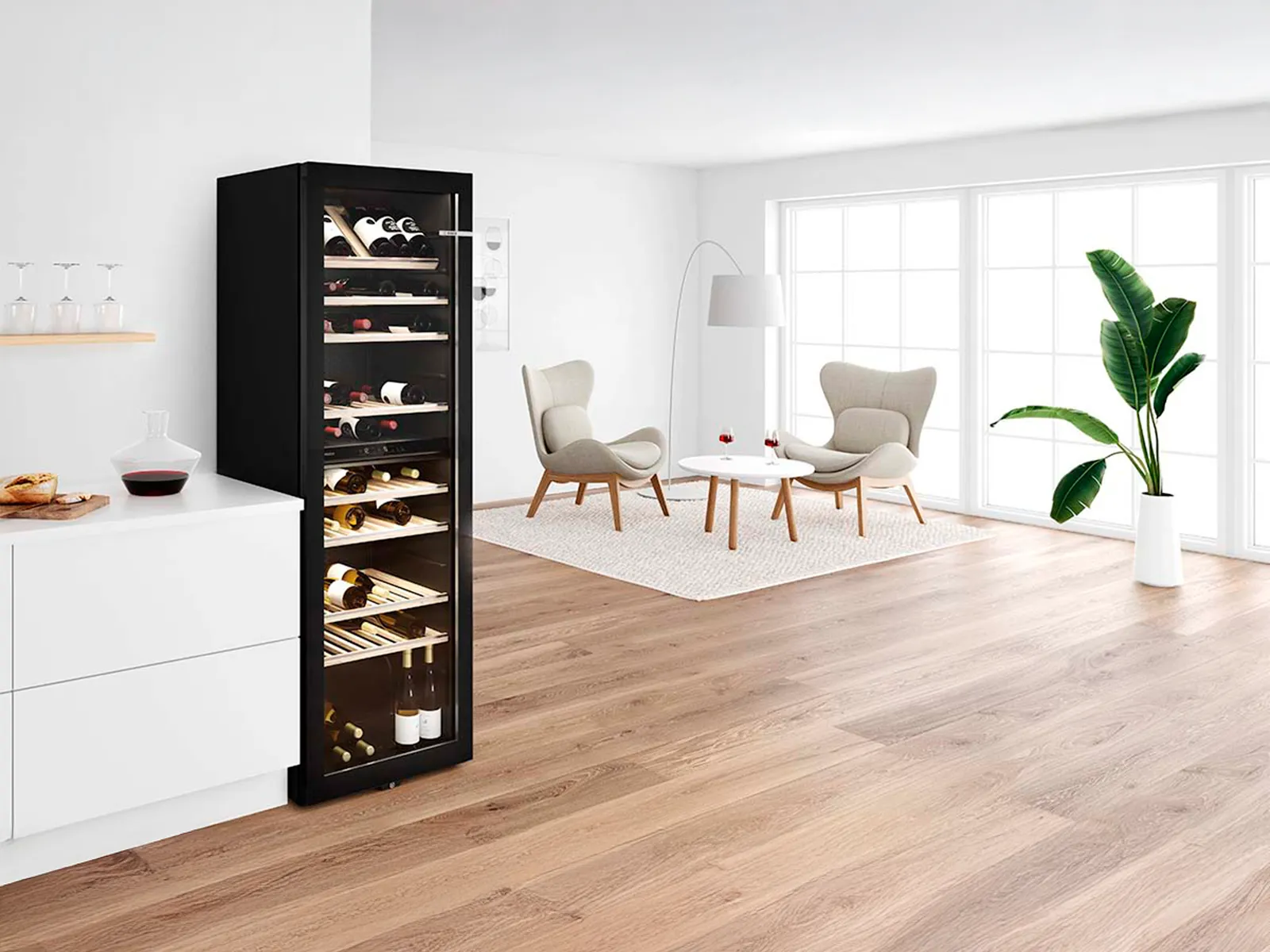 Elegant freestanding wine cabinet with modern living room in the background.