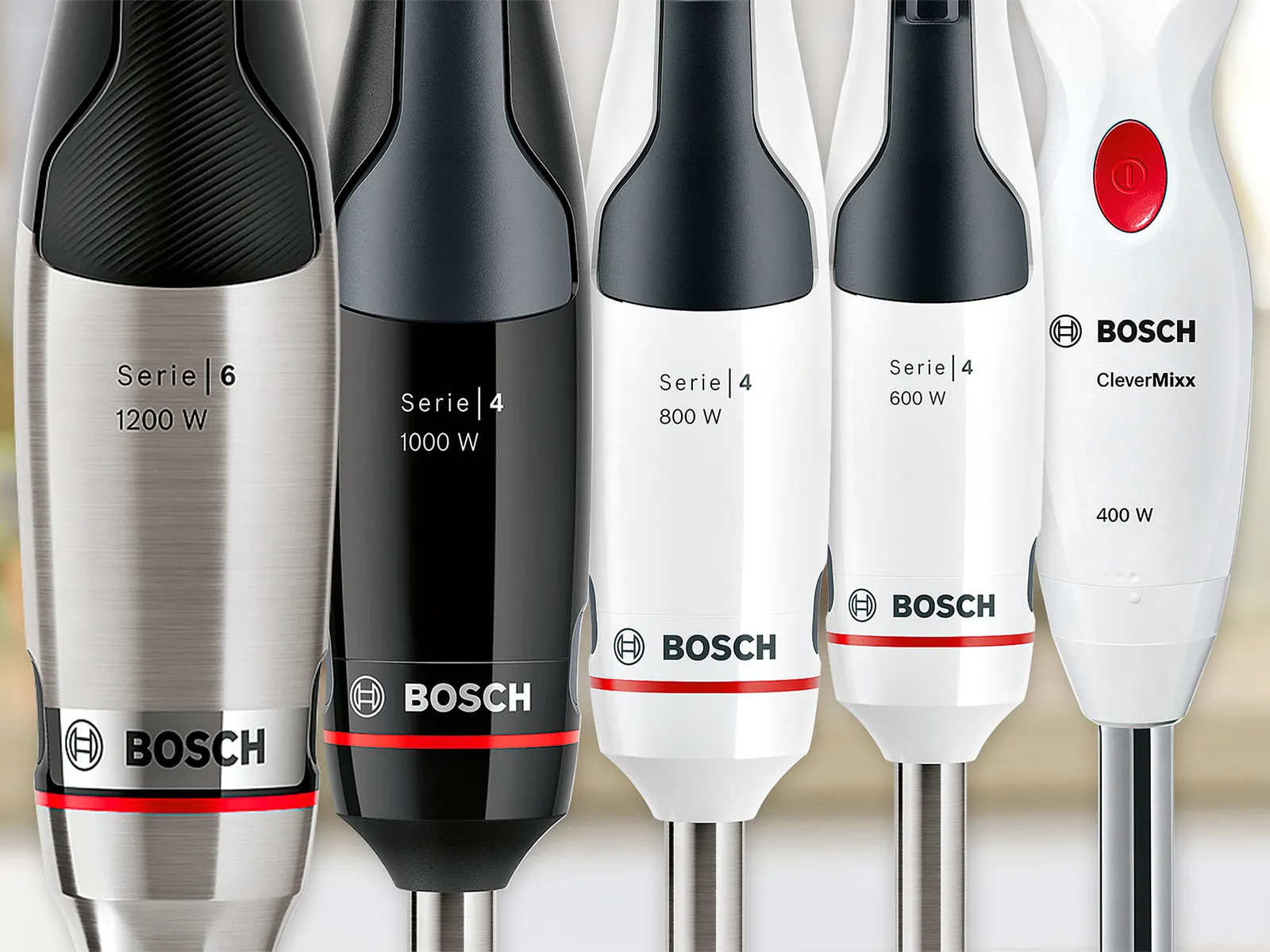 A closeup of different Bosch hand blenders with different wattages.