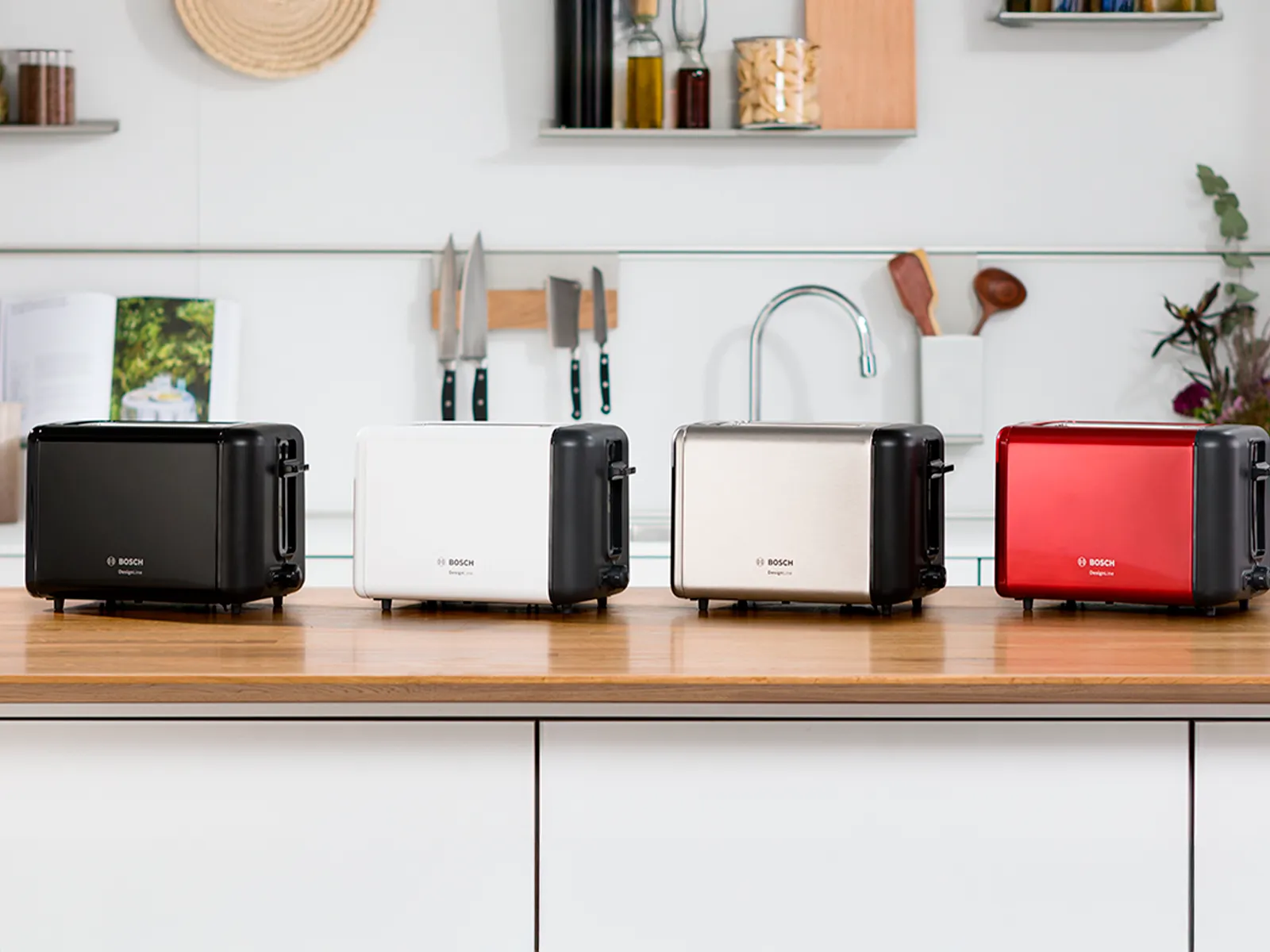 DesignLine, тостери за 2 филийки в цветова гама червено, черно, бяло, кремаво и неръждаема стомана.