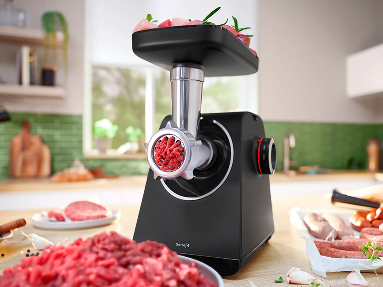 MultiPower din Seria 4 cu accesoriul de tocat carne şi o farfurie cu carne tocată alături de o farfurie cu cârnaţi pe un blat de bucătărie.