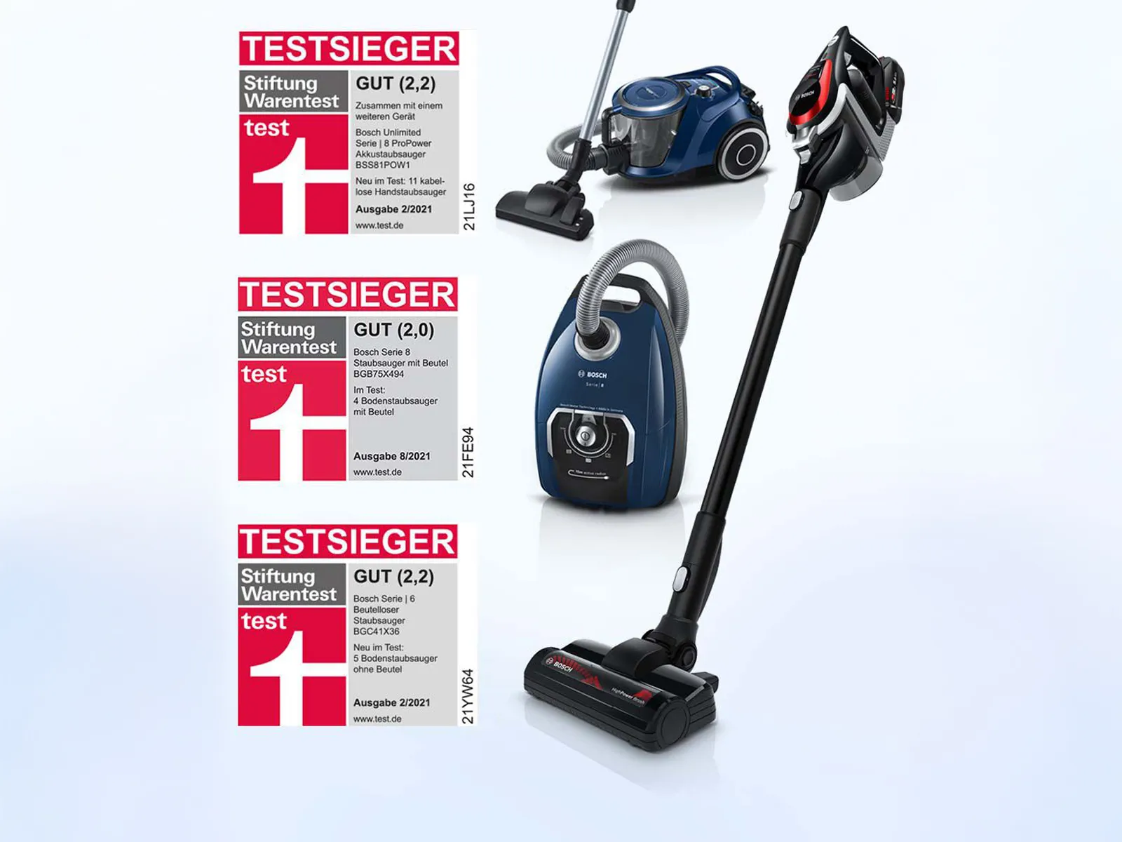Three Bosch vacuum cleaners with "TESTSIEGER" awards from Stiftung Warentest.