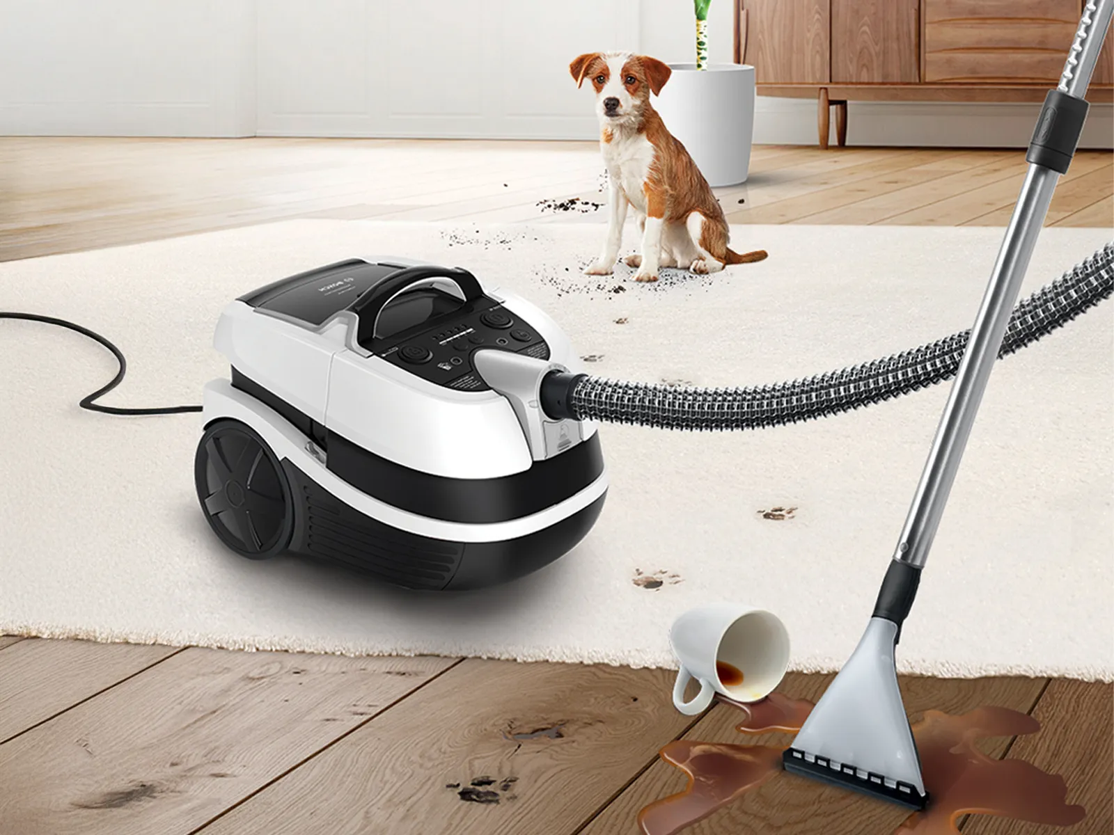  A wet & dry model vacuums an area rug.