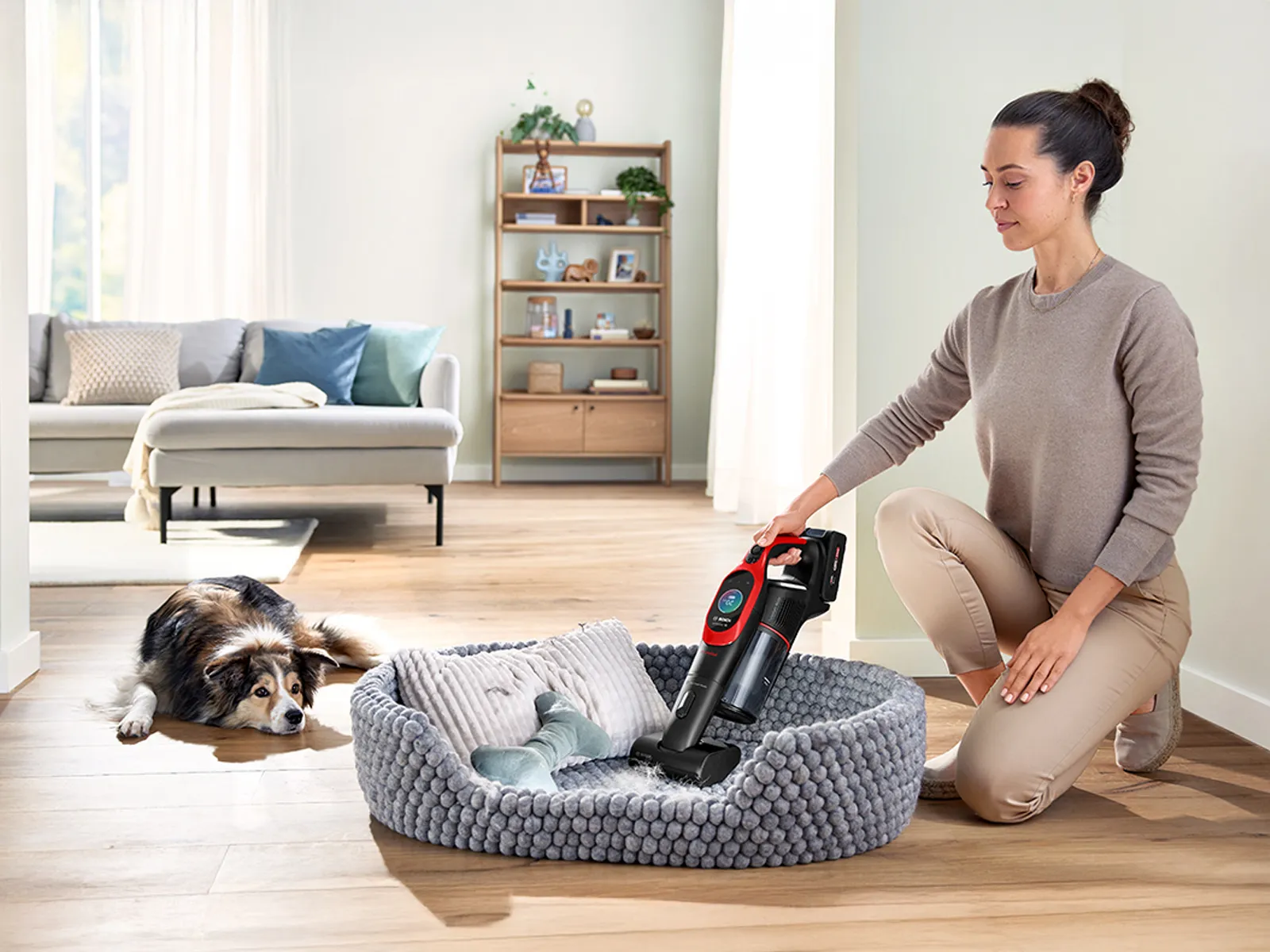 Žena používá ruční bezdrátový vysavač k odstranění chlupů z pelíšku psa, zatímco její kolie leží poblíž a odpočívá.