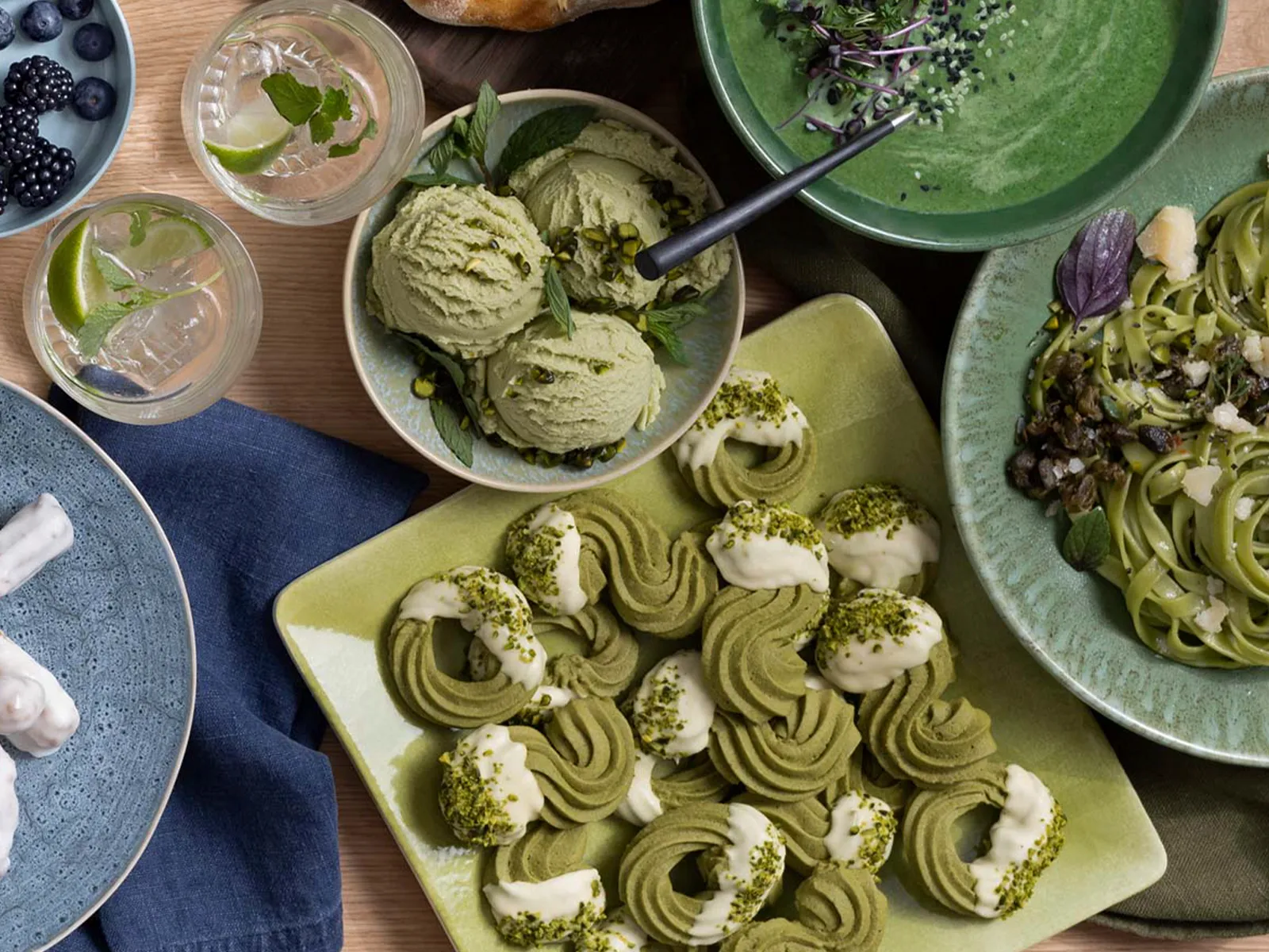 Green food options as bakery, ice cream or pasta