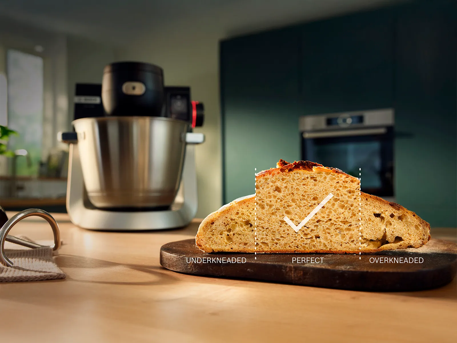 Loaf of bread with three sections showing perfect and bad baking results, separated by lines.