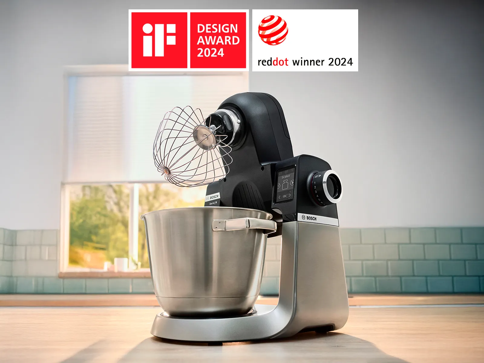 Bosch-yleiskone, jonka päällä iF Design Award 2024 - ja Red Dot Award 2024 -palkintologot.