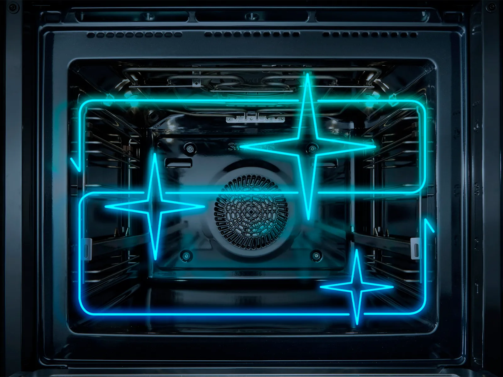 Interior of an oven with blue neon star-shaped lights.