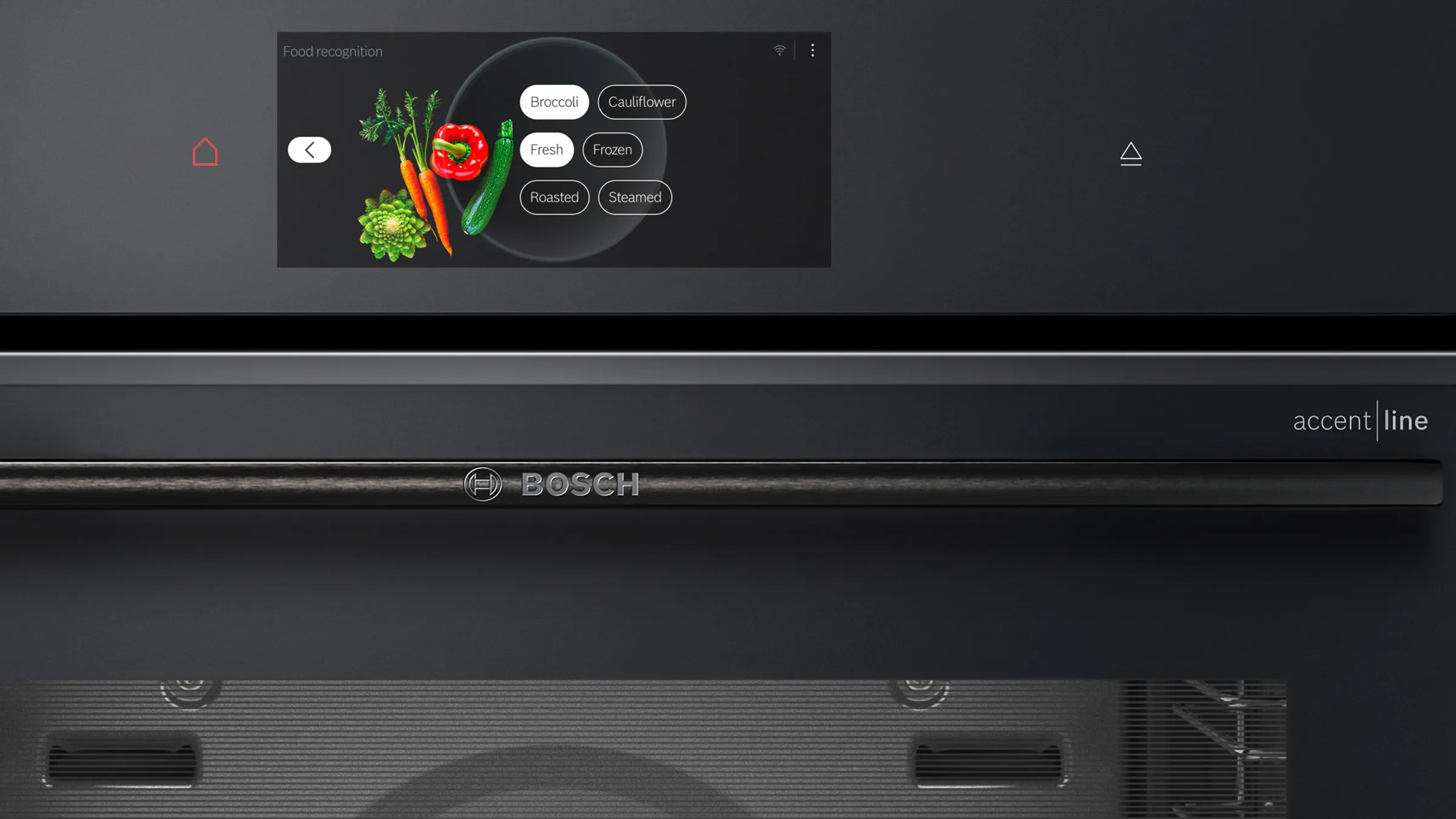 Nahaufnahme des Displays eines Bosch accent line Backofens nach erfolgreicher automatischer Gericht-Erkennung (Food recognition) von Gemüse.