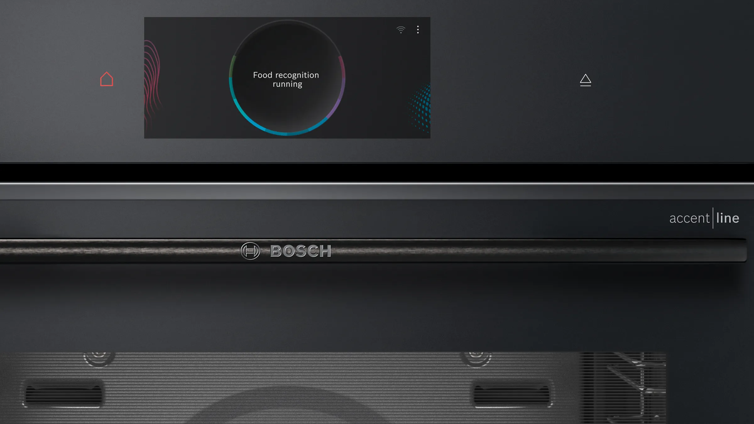 Nahaufnahme des Displays eines Bosch accent line Backofens mit der Meldung „Food recognition running“ zur automatischen Gericht-Erkennung.