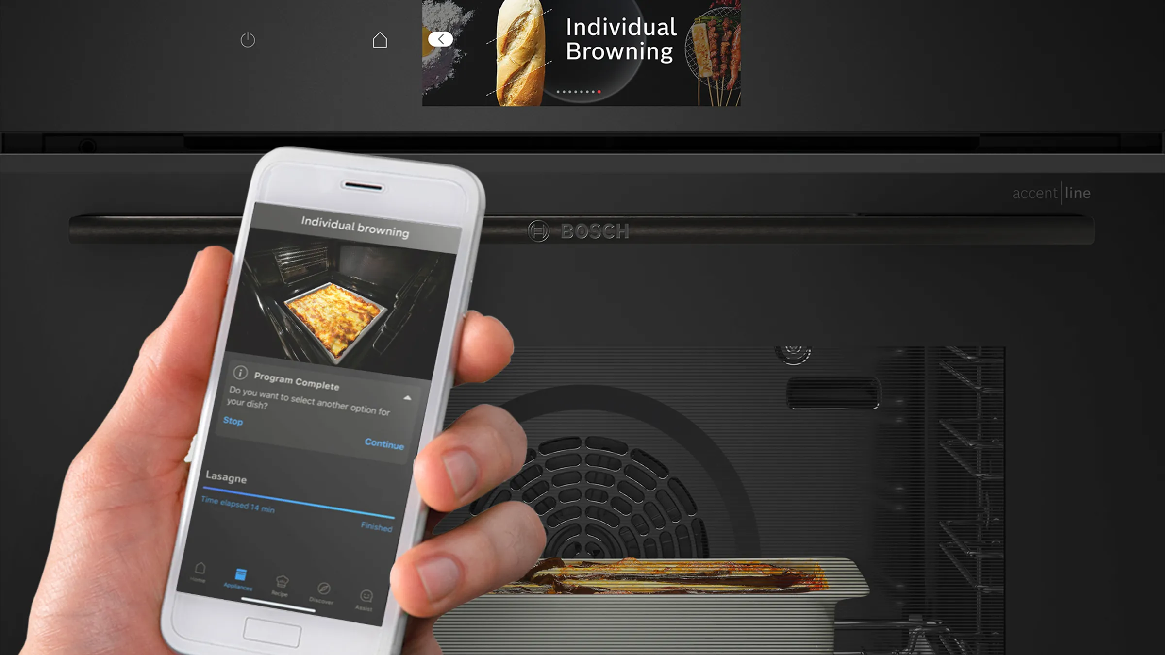 Steuerung der Bosch Backofen-Funktion Individual Browning über ein Smartphone mit der Home Connect App.