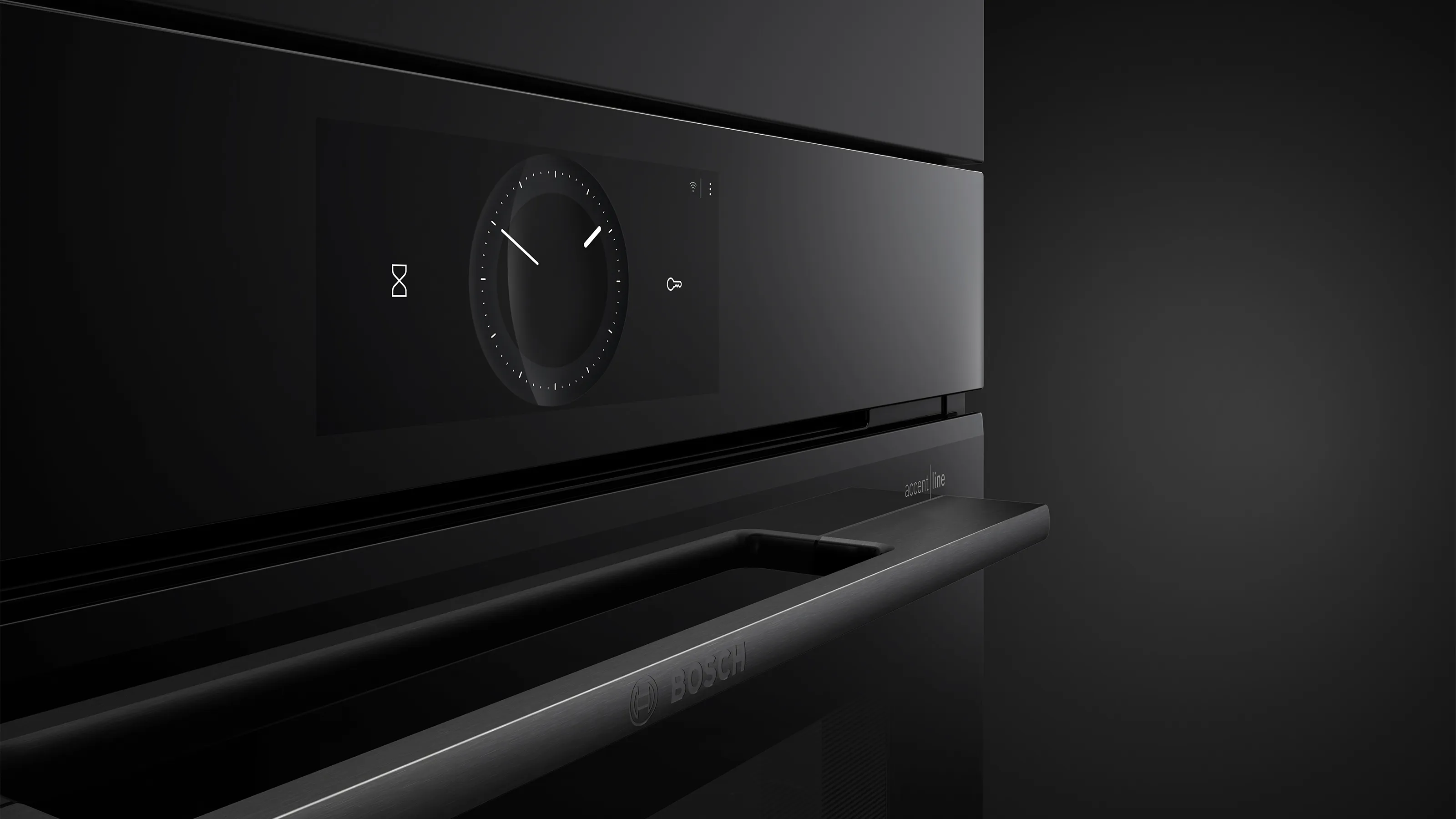 Nahaufnahme des digitalen Bedienrings auf dem Touchdisplay eines schwarzen Bosch accent line Einbaugeräts.