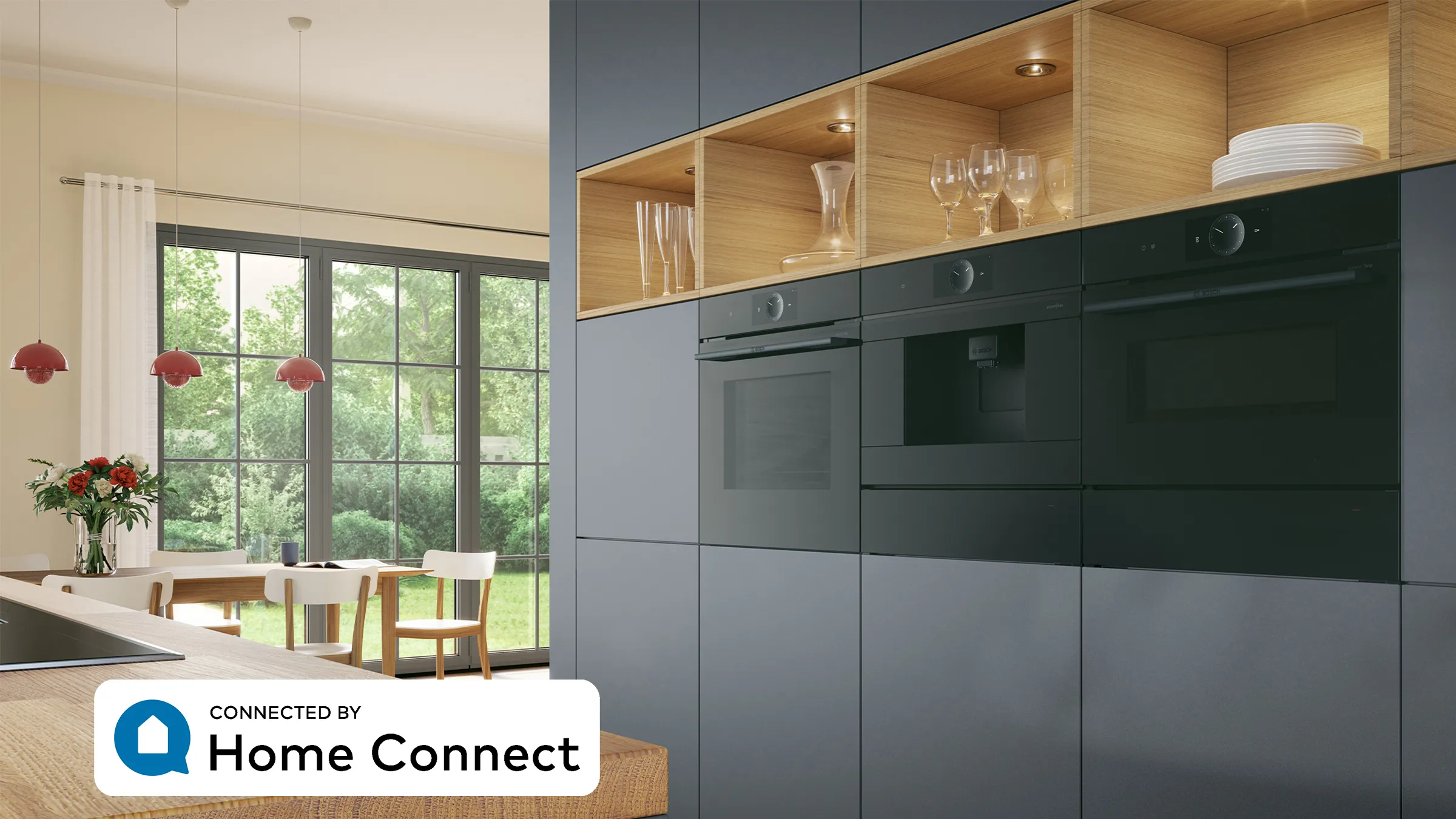 Eine Reihe schwarzer Bosch Serie 8 Einbaugeräte nahtlos integriert in eine dunkelgraue Küchenzeile mit Holzelementen und Home Connect Logo.
