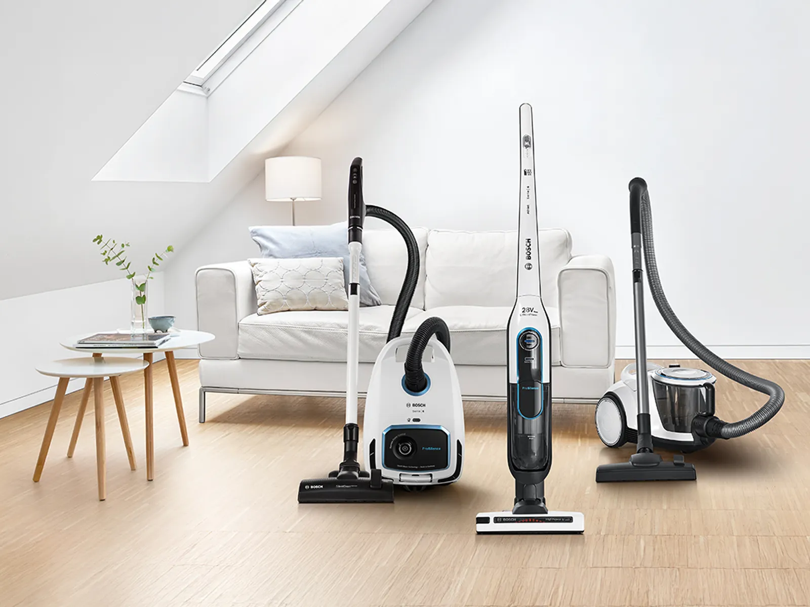 Sortiment av tre mycket tysta Bosch ProSilence dammsugare, med påse, sladdlösa och utan påse.