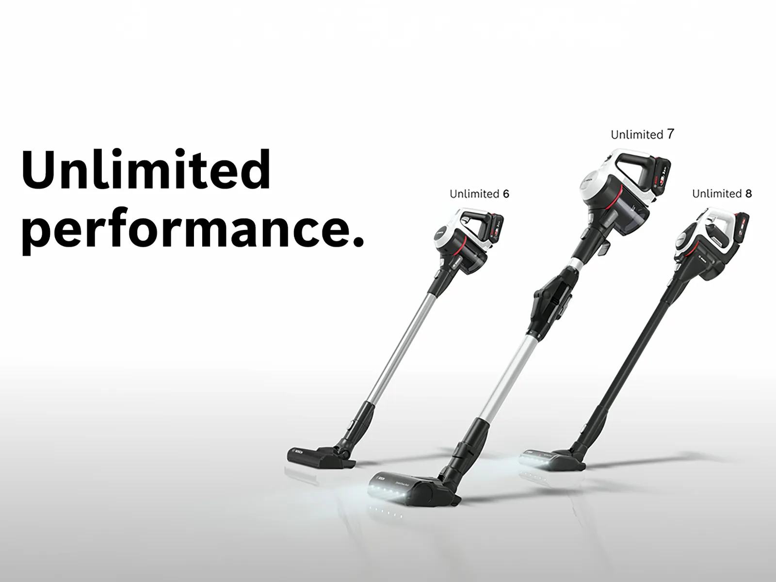 Drei kabellose Vakuummodelle mit den Bezeichnungen Unlimited 6, 7 und 8 zeigen elegantes Design vor einem weißen Hintergrund mit dem Text 'Unlimited performance