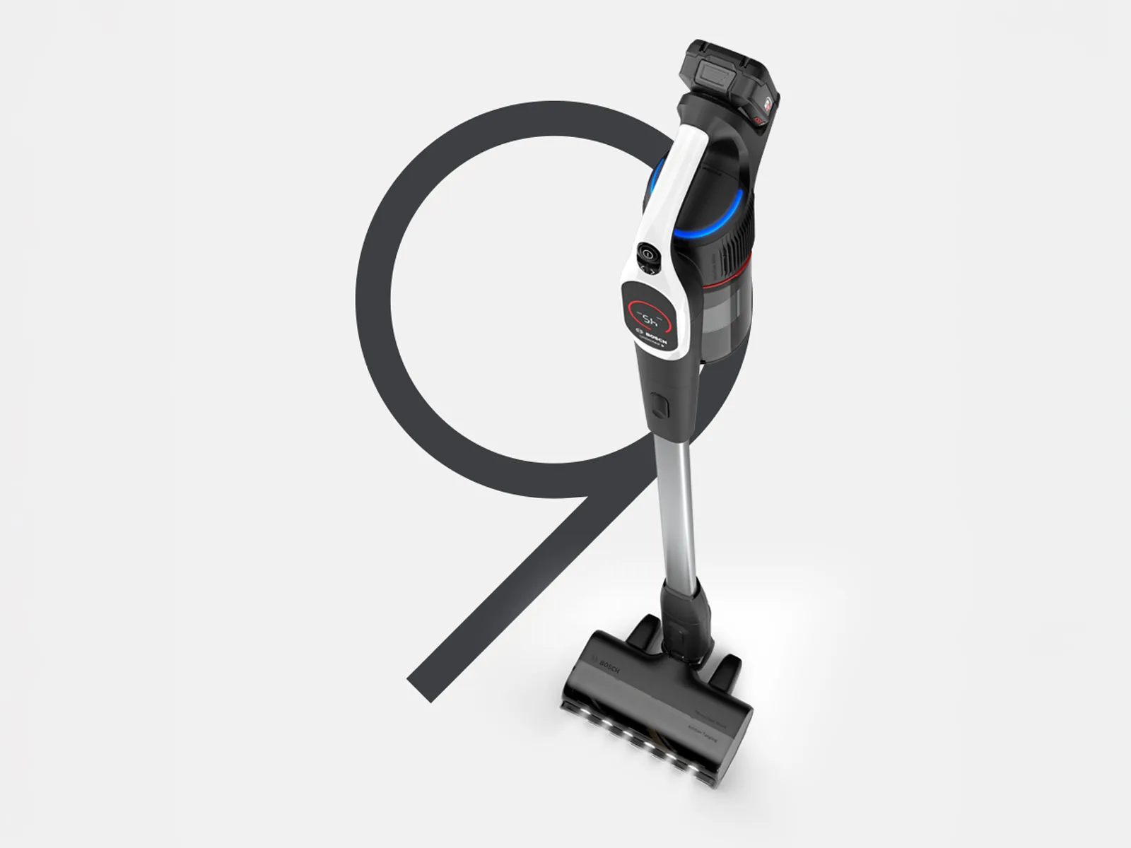 Kabelloser Stielstaubsauger auf einem weißen Hintergrund mit einer großen '9'-Grafik.