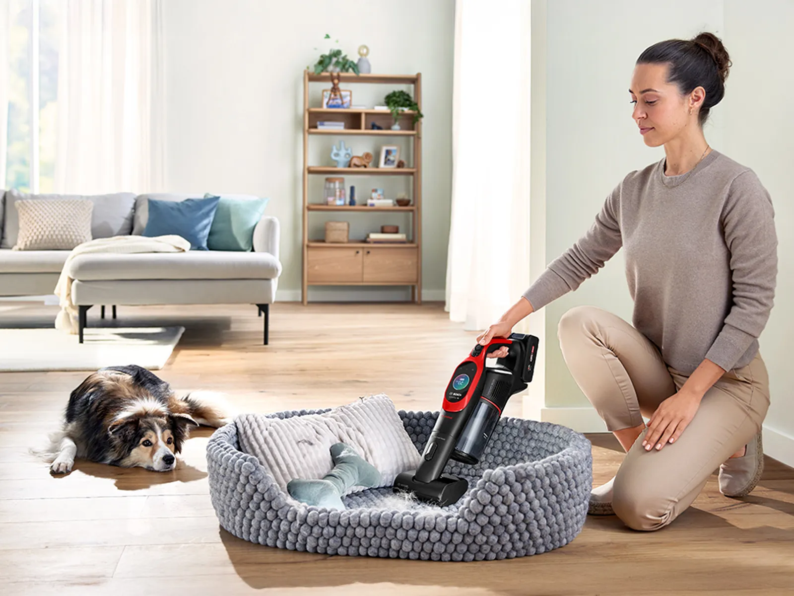 Vysávání psího pelíšku červeným modelem Unlimited ProAnimal.