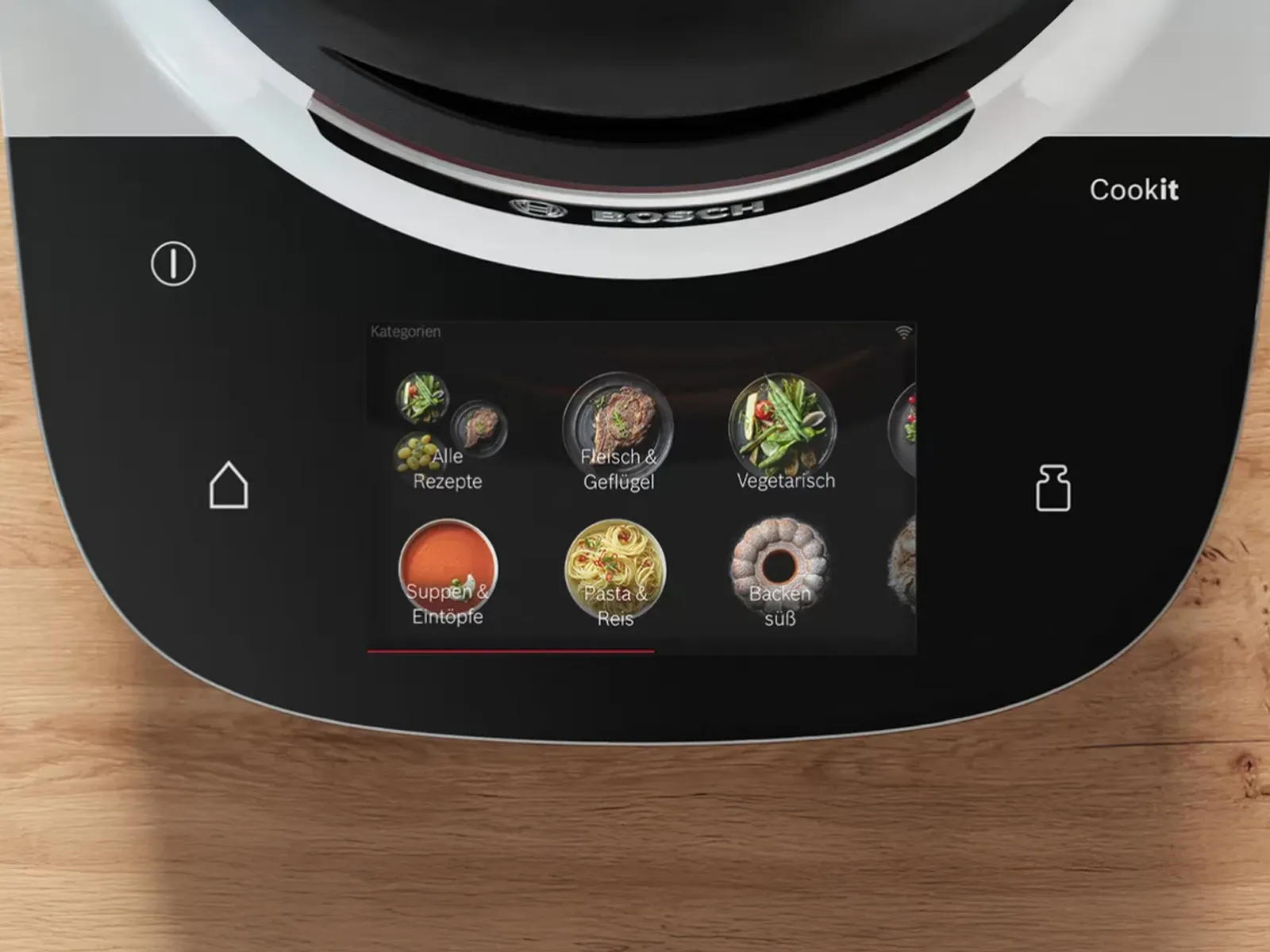 The interface of the Bosch Cookit showing different recipe categories.
