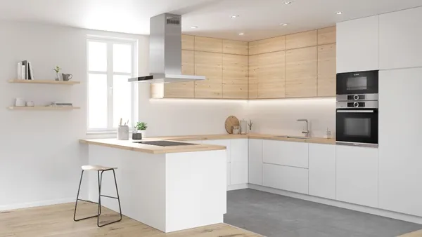 Bright, modern kitchen with integrated oven