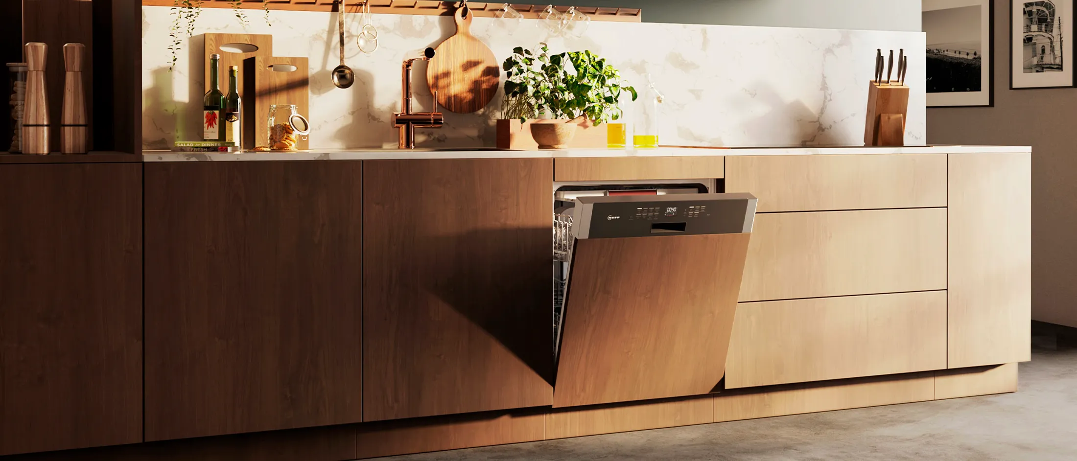 A light-brown kitchen unit with a semi-integrated dishwasher underneath the countertop