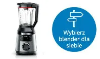 Elegancki szary blender z przezroczystym dzbankiem i cyfrowymi elementami sterującymi, obok niebieskiego okręgu z napisem „Wybierz blender dla siebie”.