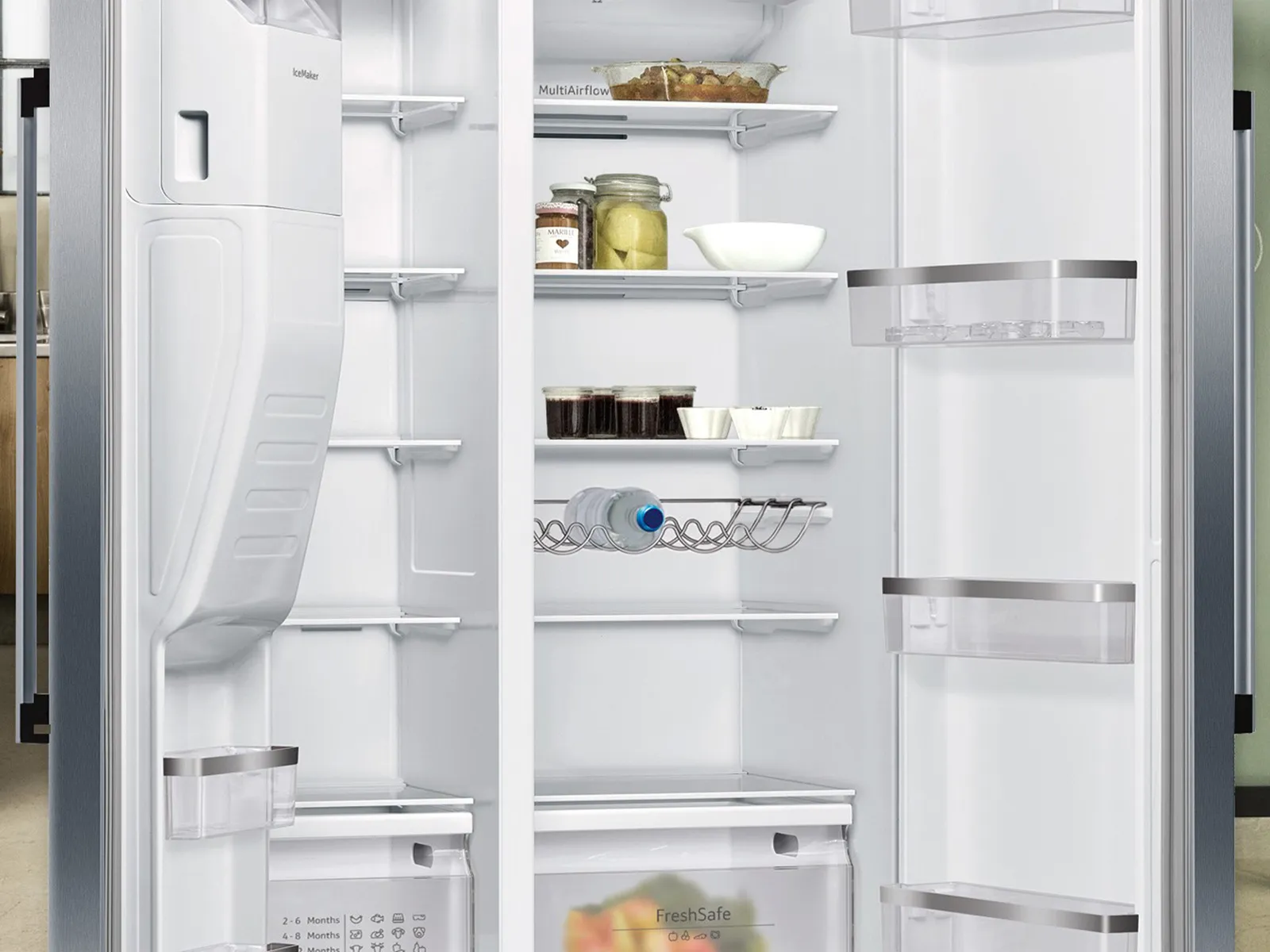 A close-up of a double-door refrigerator.