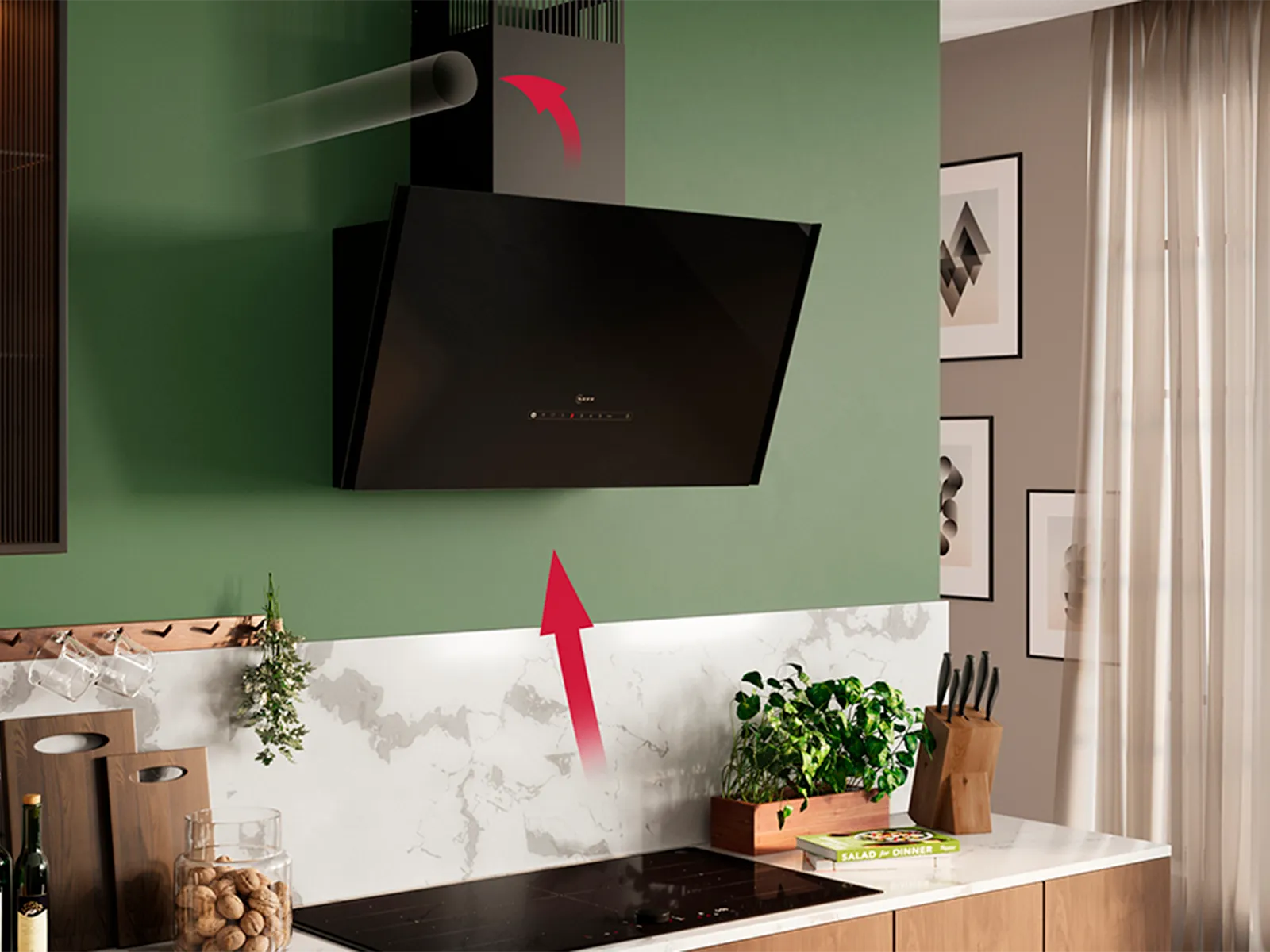 Schematische Darstellung der Richtung, in der Dampf abgesaugt wird        