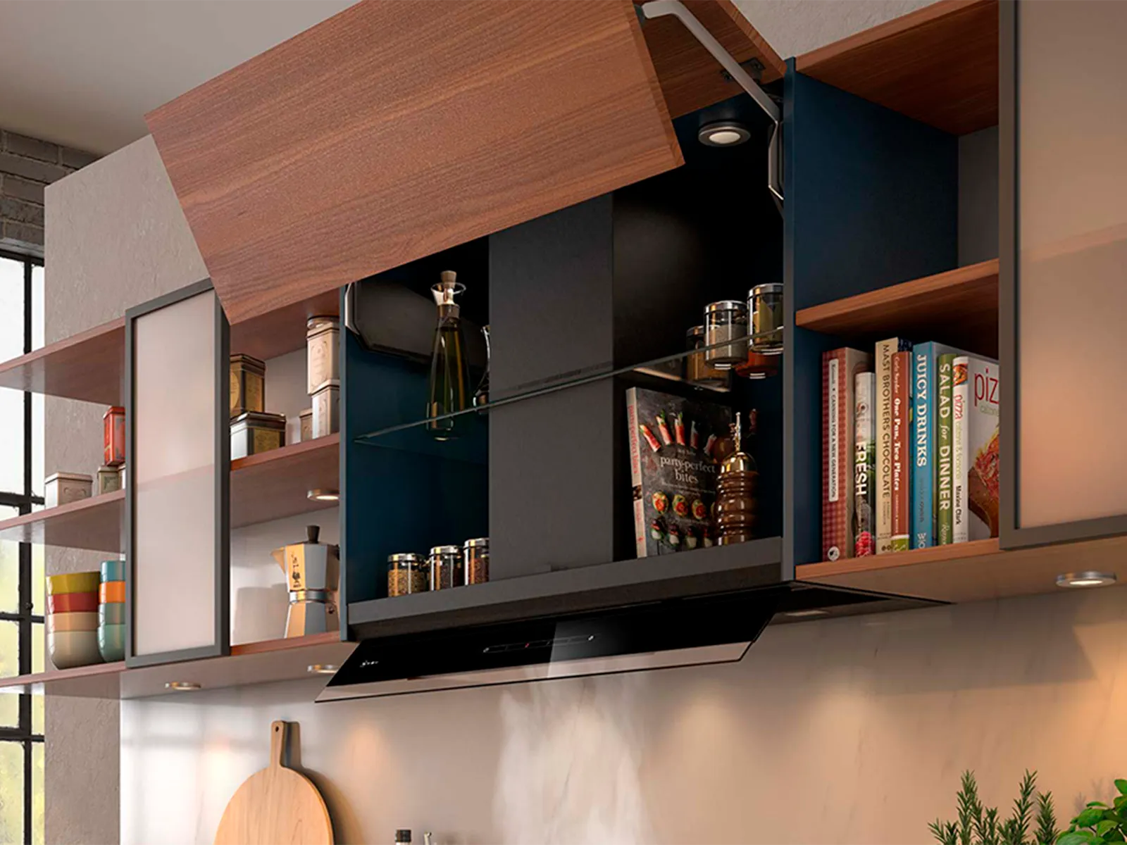 Open brown wooden cupboard revealing integrated cooker hood 