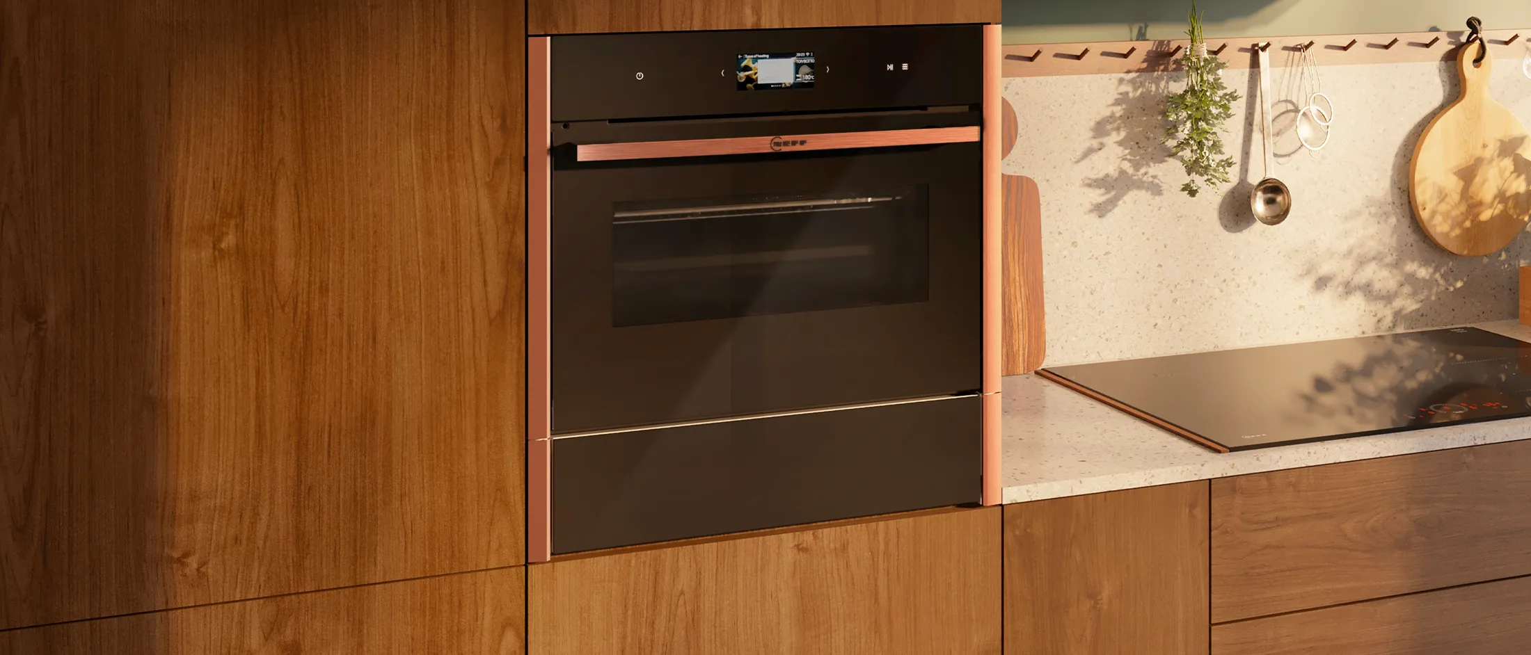 The NEFF built-in microwave integrated in a brown kitchen