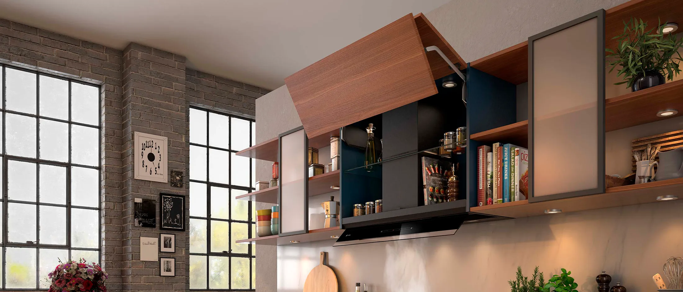 Open brown wooden cupboard revealing integrated cooker hood 