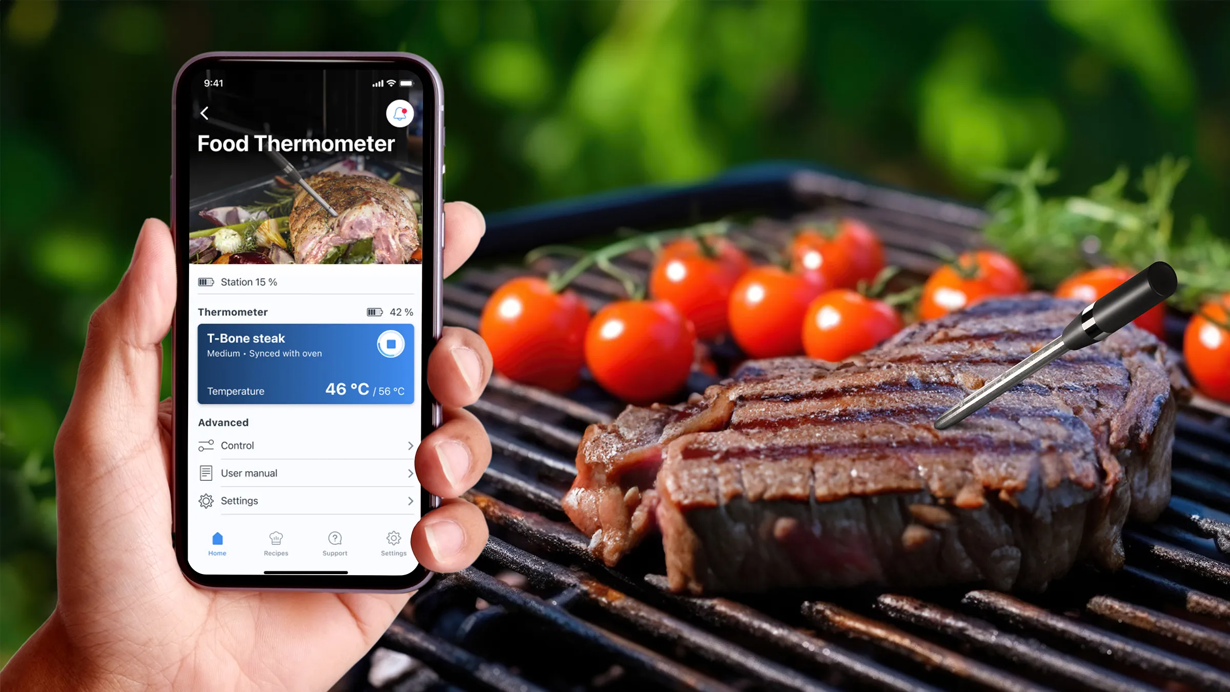 Das neue drahtlose Bratenthermometer wird auf einer hellen Küchentheke präsentiert.