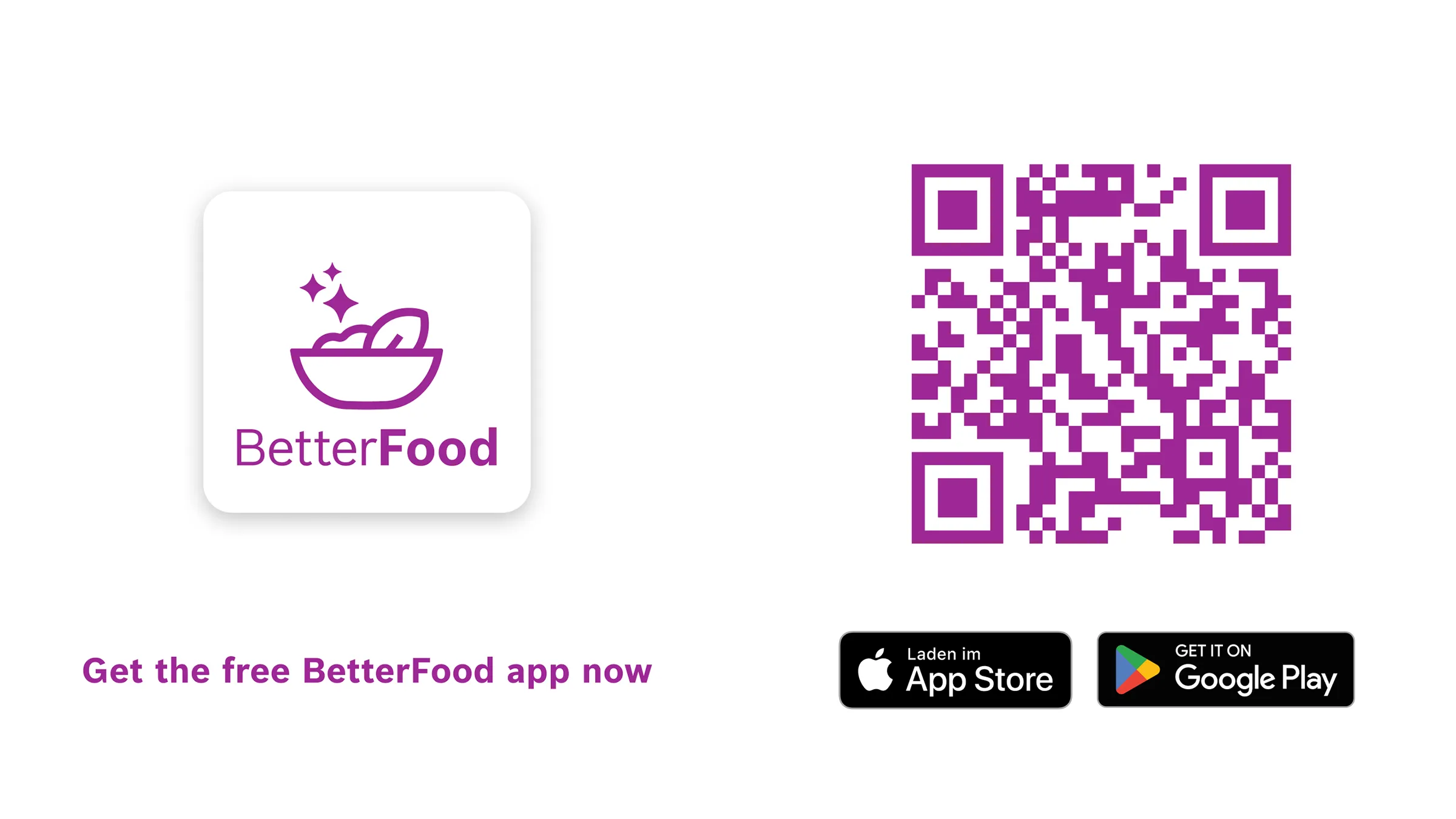 QR-Code und Download-Links für die kostenlose BetterFood App im Apple App Store und Google Play Store.