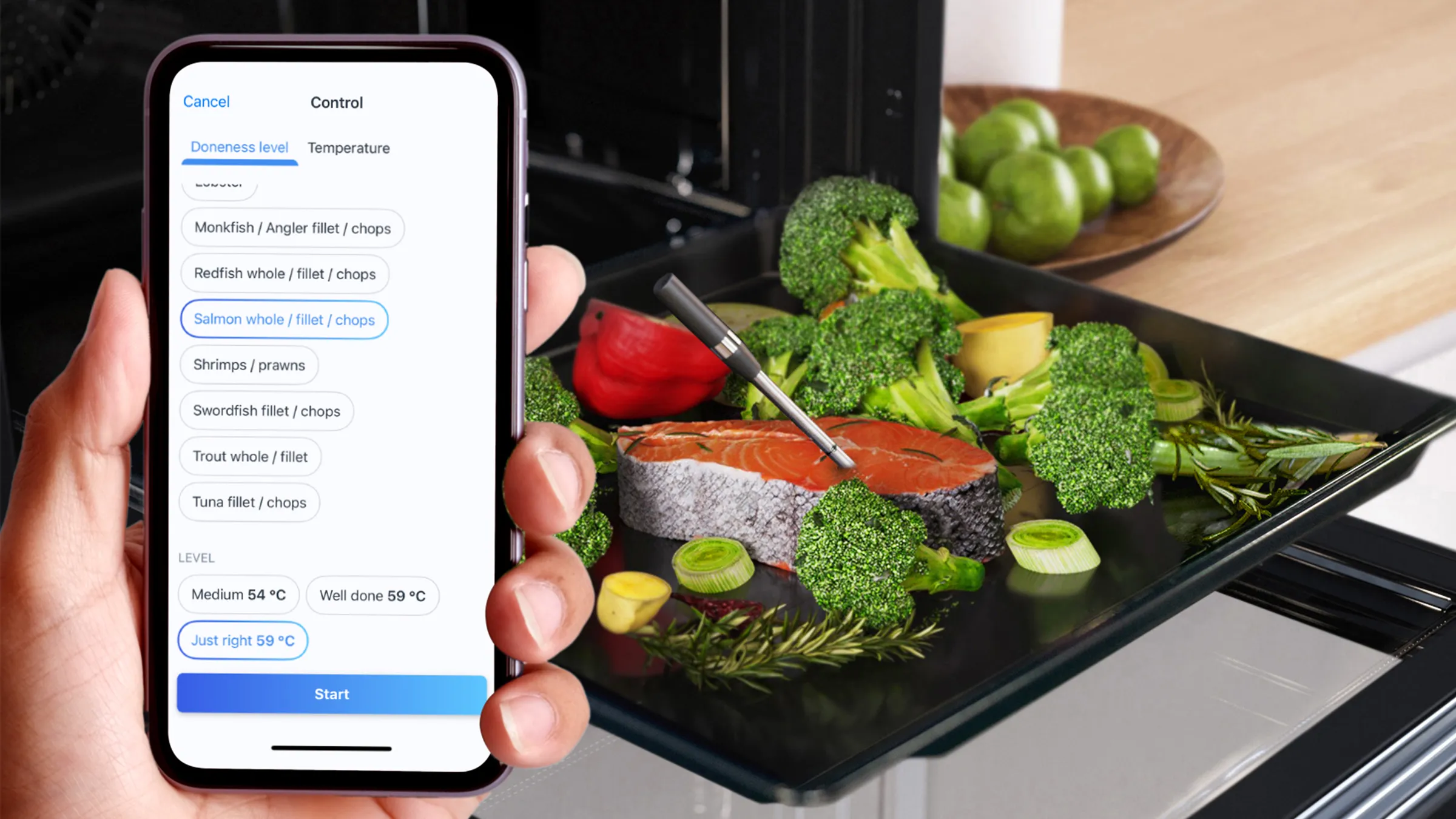 Smartphone-App mit Garzeit-Einstellungen für Lachsfilet neben einem Backblech mit Gemüse und Bosch PerfectRoast Thermometer.