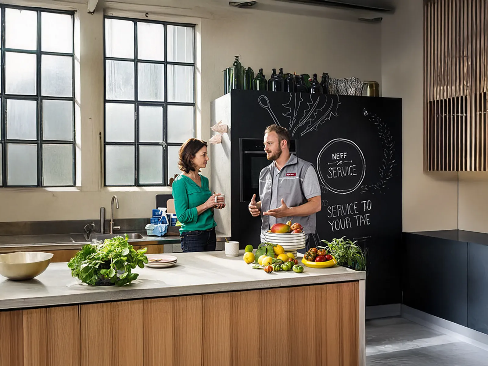 A customer and service technician talking to each other 