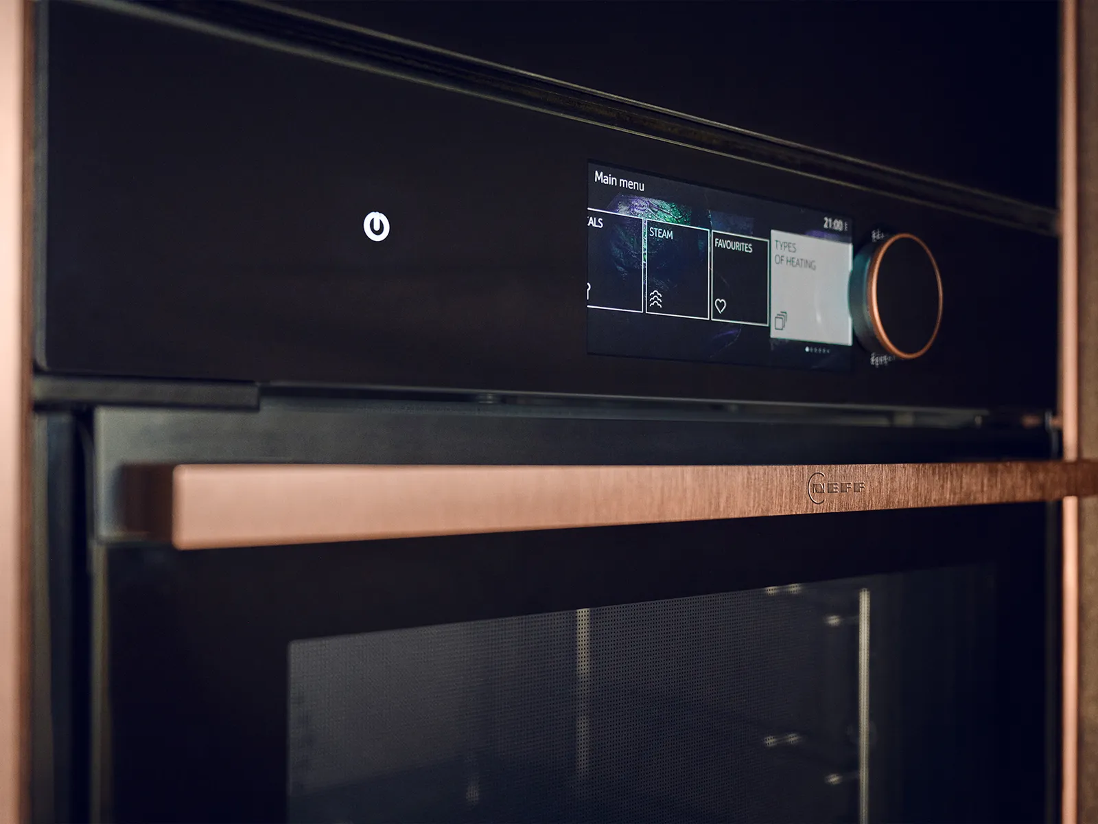 Close-up of display of N90 Brushed Bronze oven 