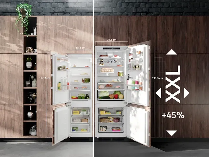 A side-by-side comparison of a standard refrigerator and an XXL model, showing the increased height, width, and a 45% larger capacity with both doors open to display the interior.