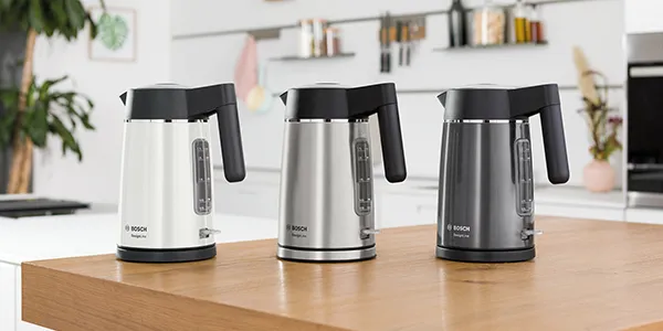 Designline kettles in white, silver and grey