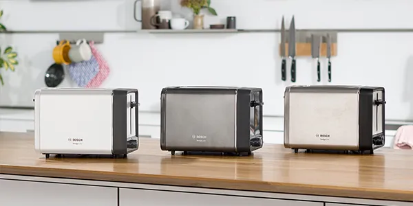 Designline toasters in white, beige and grey