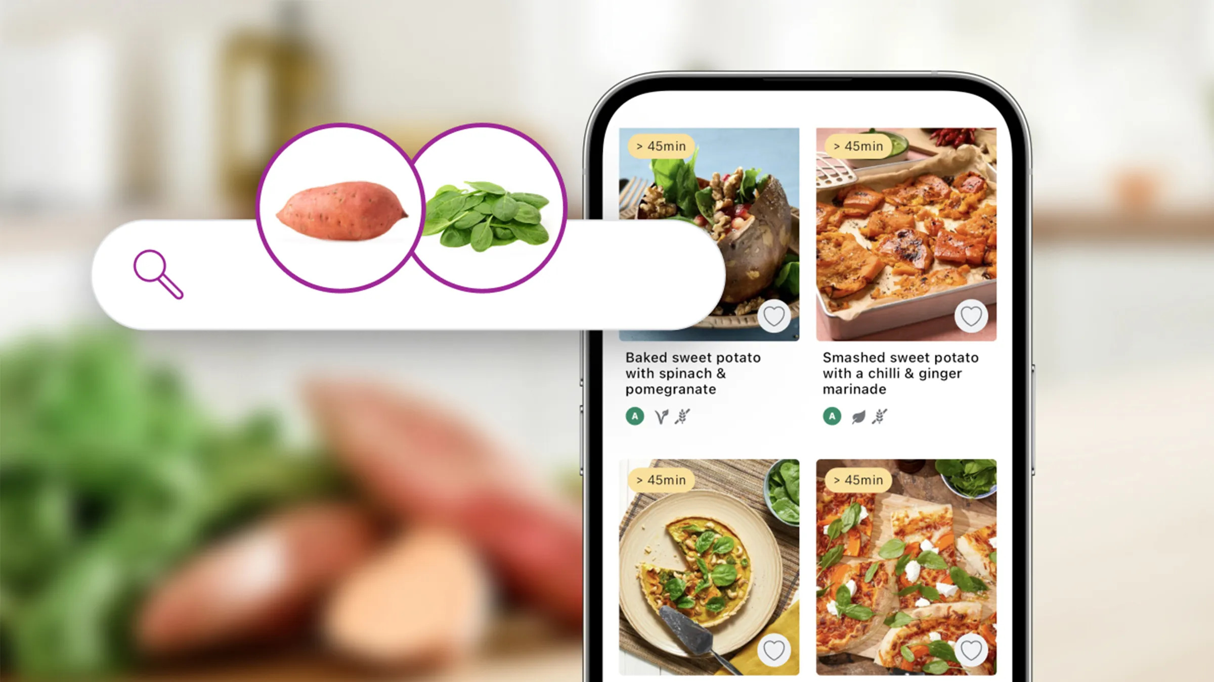 Smartphone zeigt verschiedene Lebensmittelbilder, einschließlich Salat, Pasta und Dessert, auf einem verwundeten Hintergrund.