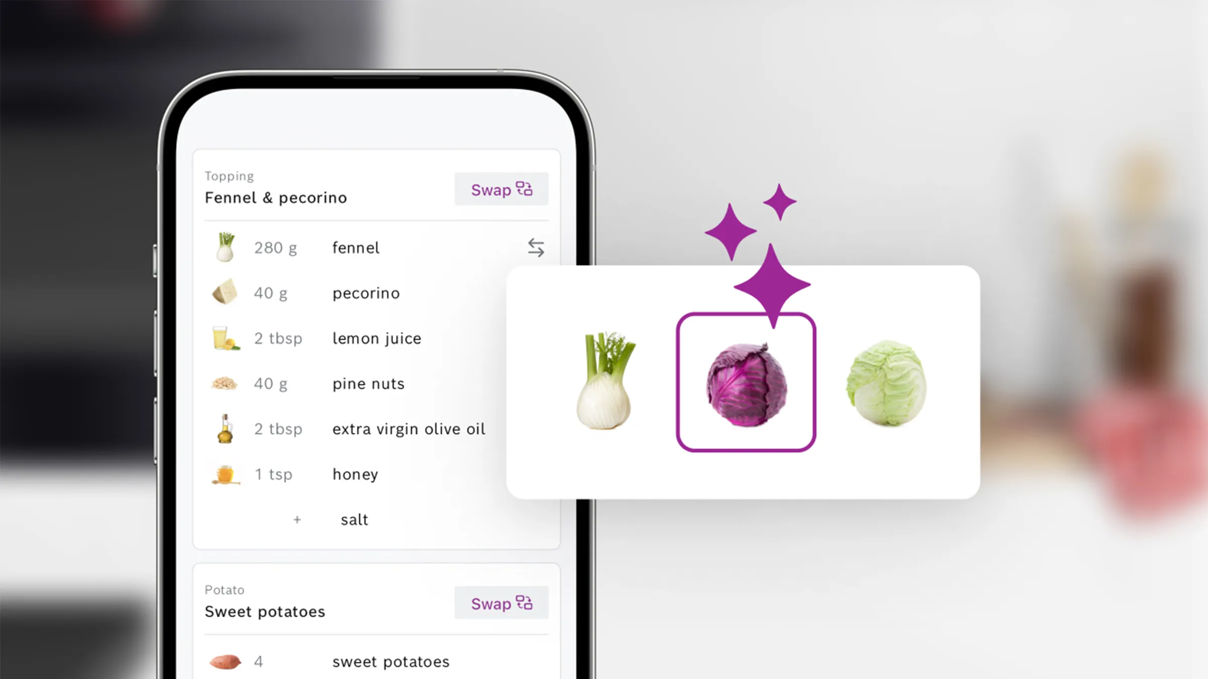 Smartphone-Bildschirm zeigt eine mobile App-Schnittstelle mit einem Taschenrechner und einem lila Blumensymbol.