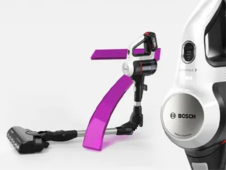 A Bosch cordless vacuum cleaner with a sleek design, featuring a detachable handheld unit and a colorful purple accessory.