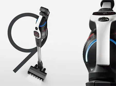 A modern cordless vacuum cleaner with a sleek design, featuring a round number 9 in the background, highlighting its advanced technology.