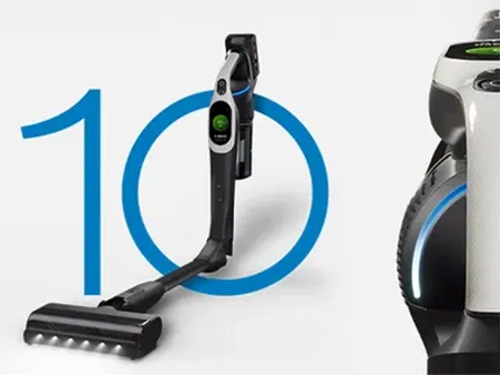 A sleek, modern cordless vacuum cleaner with a green light indicator, next to a large number 10 in blue.