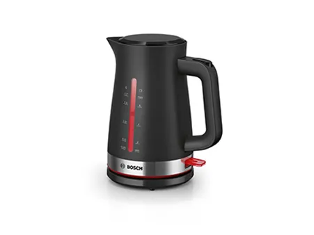 Black electric kettle with a sleek design, red accents, and clear water level markings.