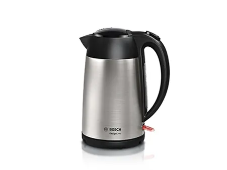 A sleek stainless steel electric kettle with a black plastic handle and lid, branded with the Bosch logo.
