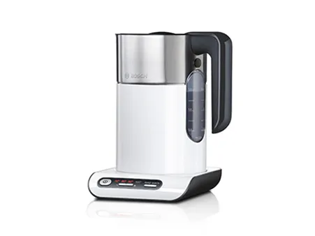 White electric kettle with a stainless steel lid, black handle, and digital control panel on a base.