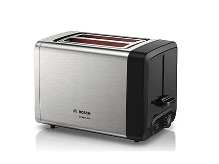 Stainless steel Bosch toaster with dual slots and a black side panel, featuring adjustable settings and a cancel button.