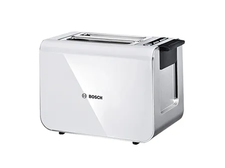 White Bosch toaster with a sleek design, featuring a single slot and control buttons on top for browning settings.